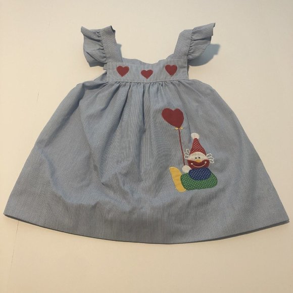 Vintage Handmade Blue Pinstripe Clown Heart Applique Toddler Jumper No Size Tag - Picture 1 of 12